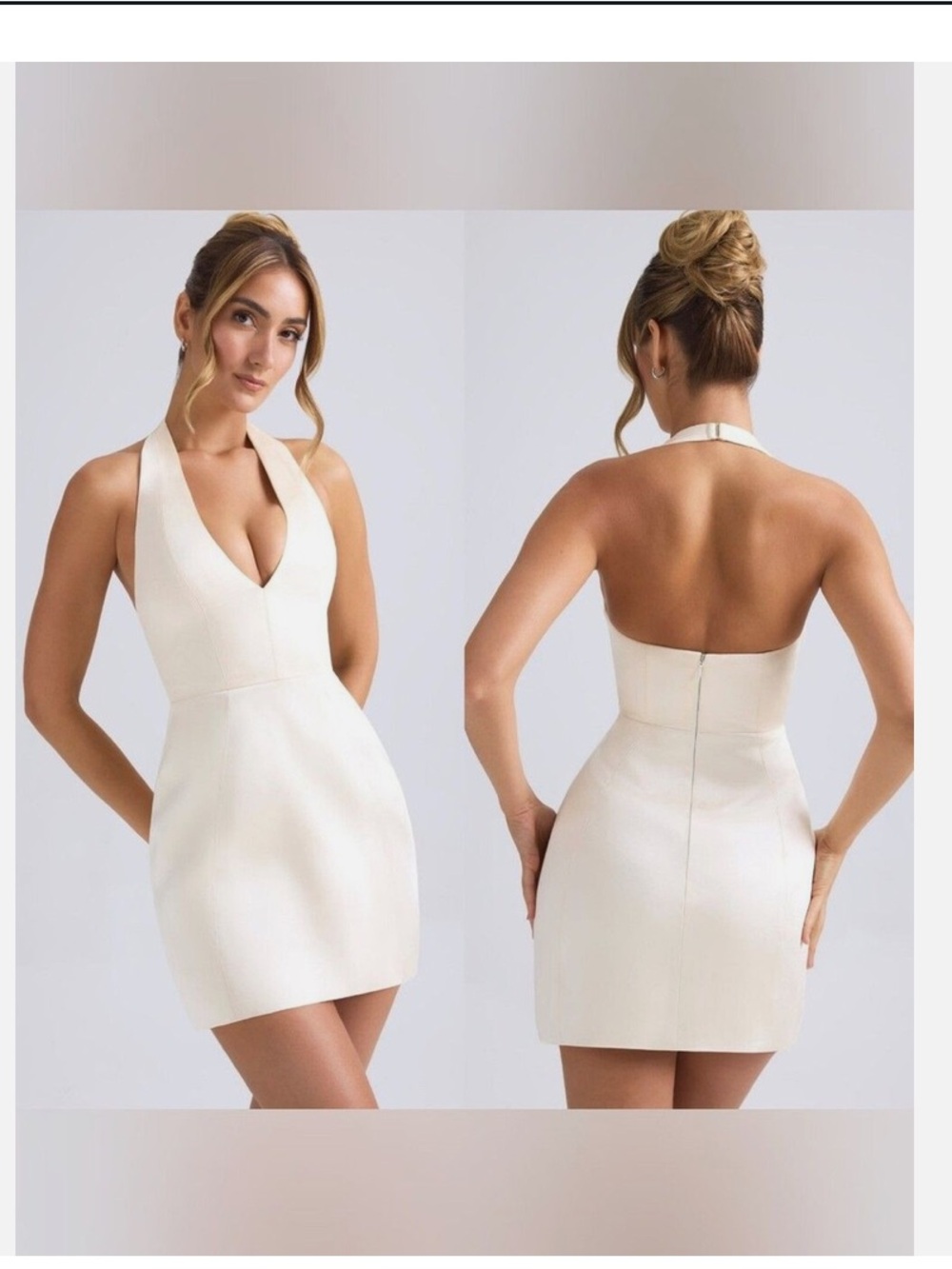 Ho Polly
Halterneck Structured Tulip Mini Dress in Ivory